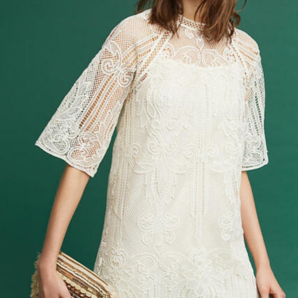 ANTHROPOLOGIE Lilla Embroidered Ivory Lace Dress